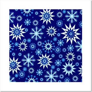 Winter pattern with snowflakes on blue Posters and Art